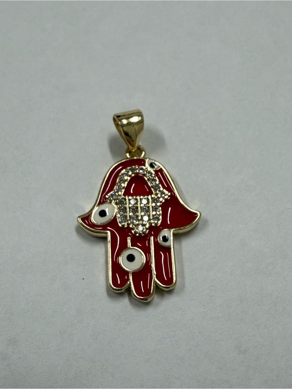 14k Gold Electroplated Red Hamsa Hand Pendant with Evil Eye Accents